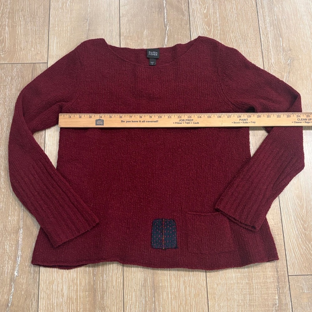 Eileen Fisher Burgundy Wool Blend Boucle Sweater Sashiko Patch Pocket Medium - Picture 8 of 8